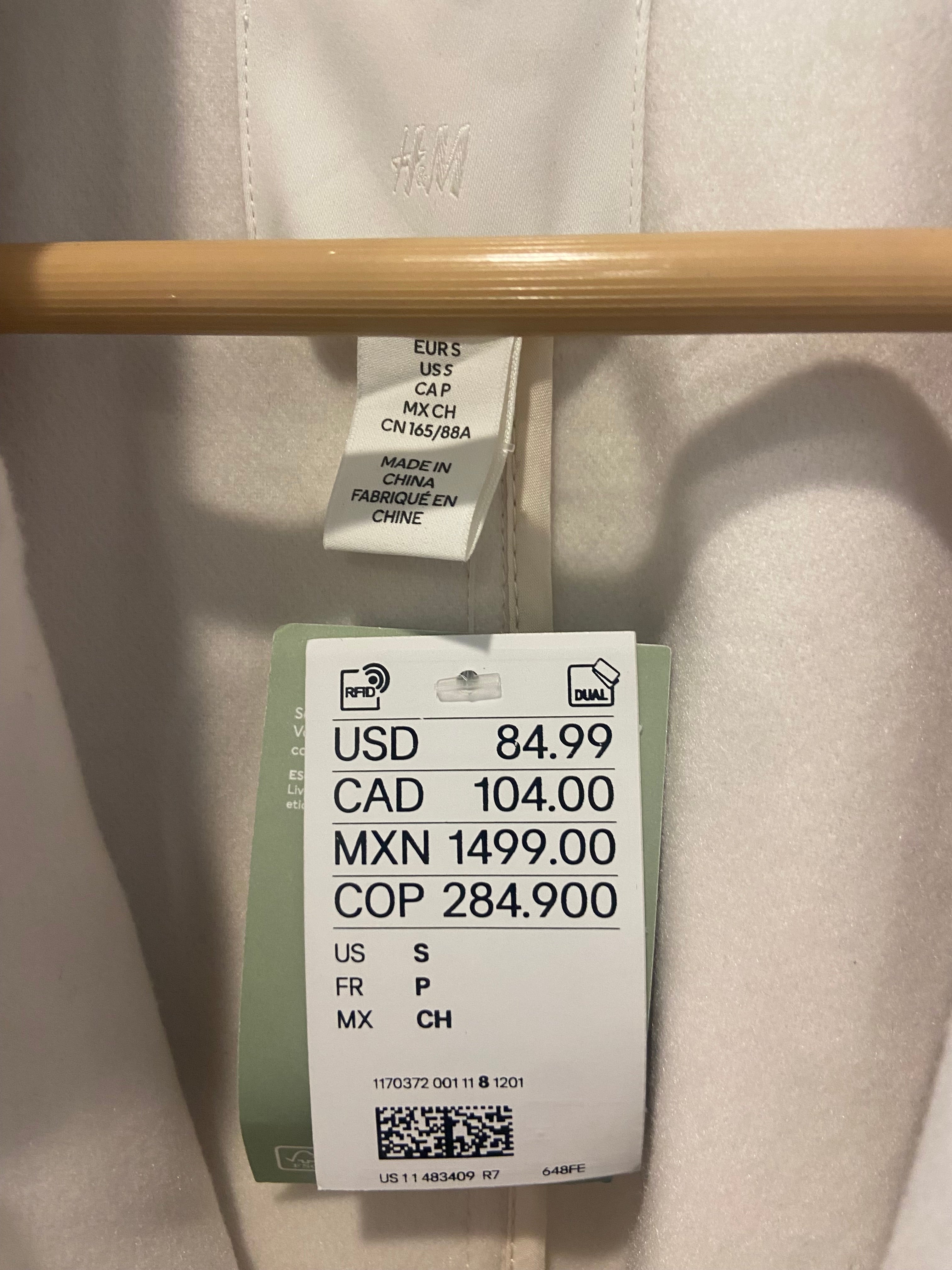 H&M Ivory Pea Coat, New, Small